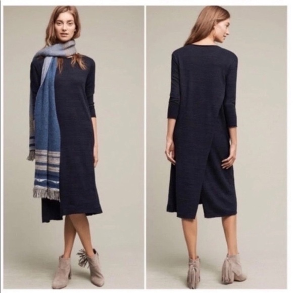 Anthropologie Moth Blue Sweater Long Sleeve Slit Asymmetrical Midi Dress sz XS - Picture 1 of 8